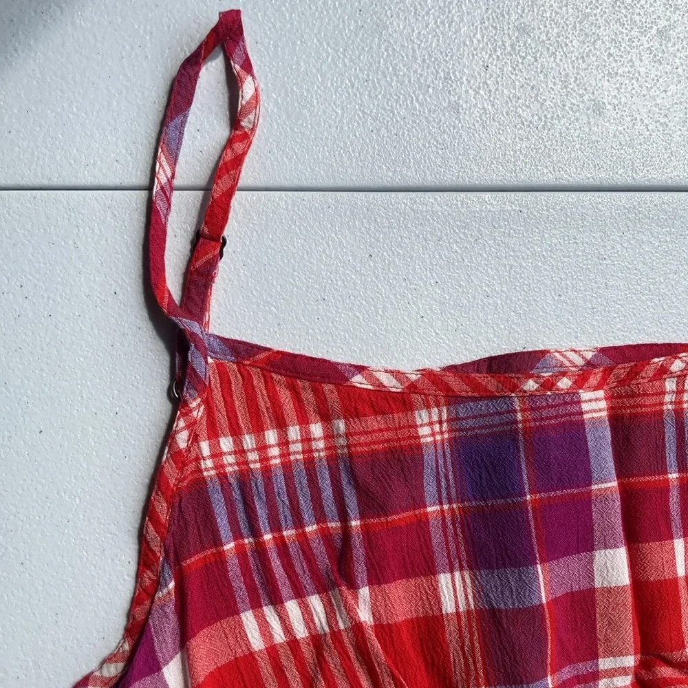 So Crop top red plaid cinch waist cropped tank top casual boho sleeveless - Picture 5 of 16